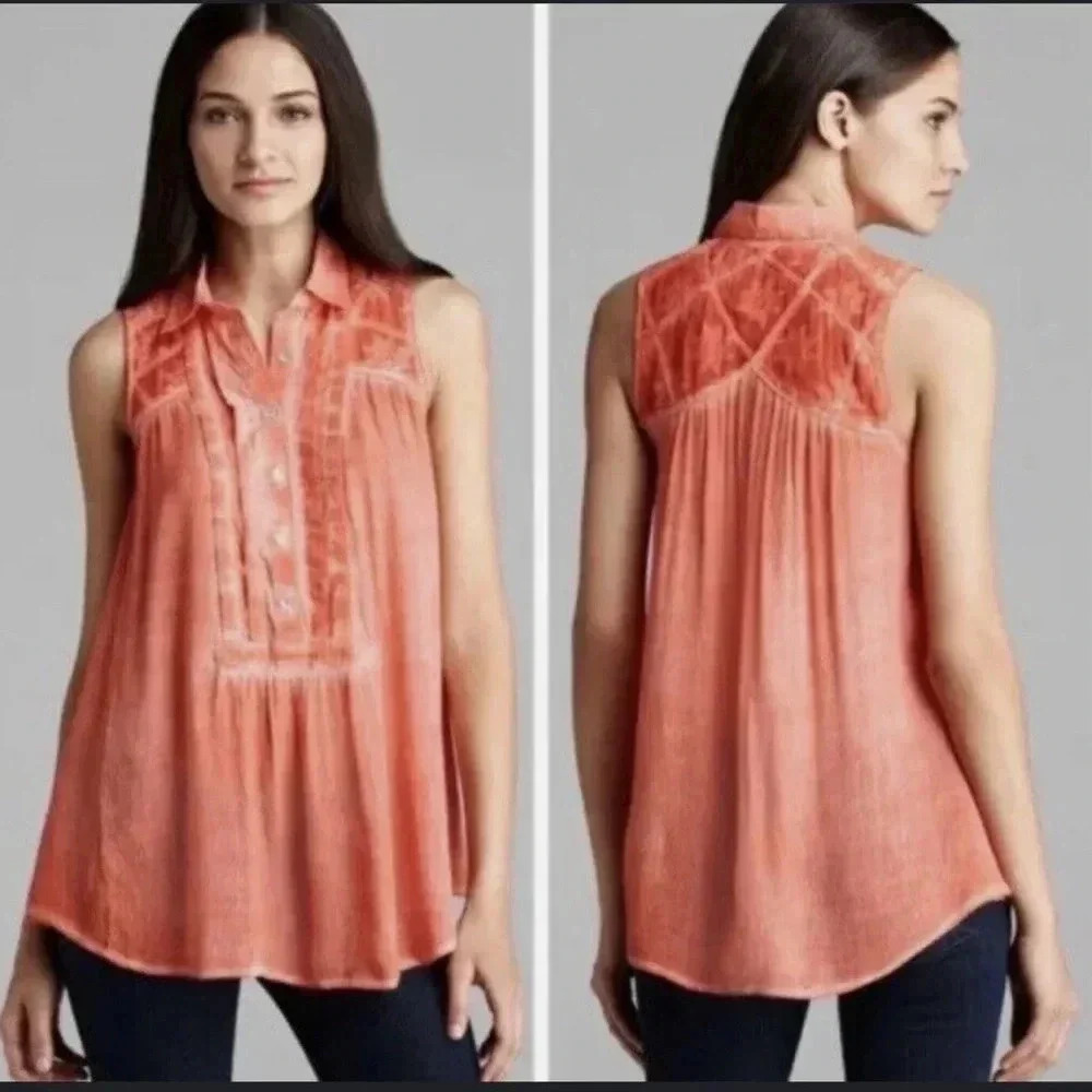 Free People gauce acid wash tie dye tunic top coral color boho style‎